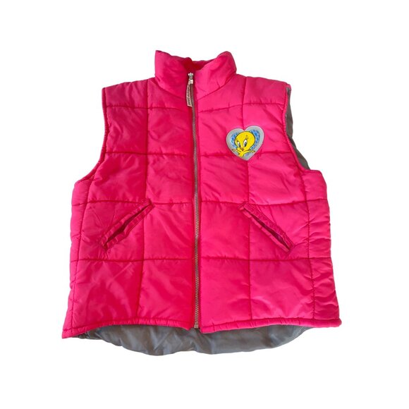 Vintage 90's Tweety Bird Looney Tunes Hot Pink Puffer Vest Junior 14/ Women S - Picture 10 of 14